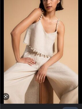 Rosie Assoulin Cream Wide-Leg Pants with Pearl Trim